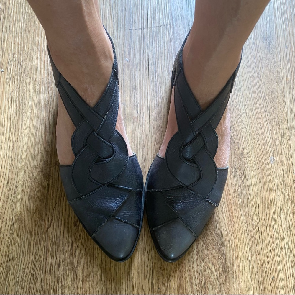 Free People grosgrain leather open weave shoes.